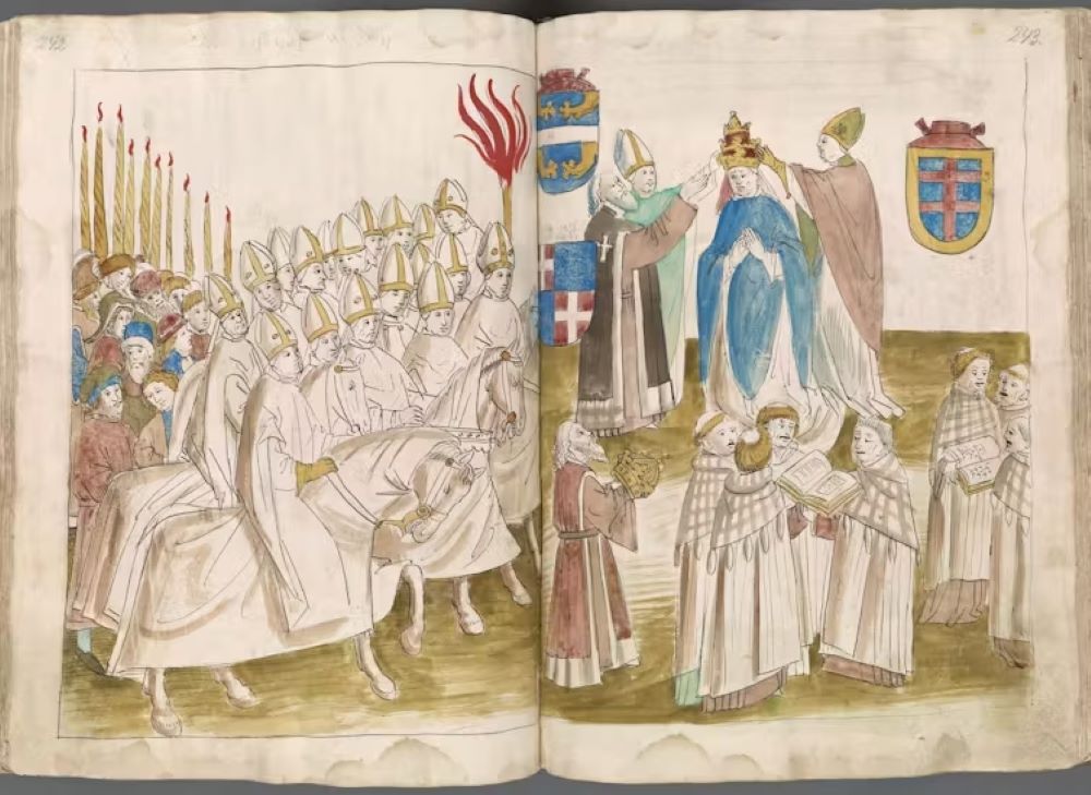 The coronation of the pope, depicted in the "Chronicle of the Council of Constance" by Ulrich von Richenthal, from the 15th century The coronation of the pope, depicted in the "Chronicle of the Council of Constance" by Ulrich von Richenthal, from the 15th century